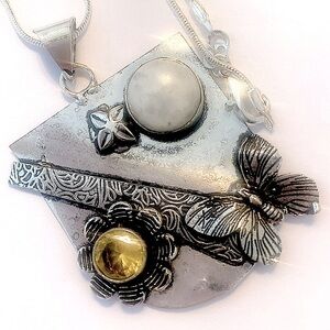 2 inch, handcrafted, Rainbow Moonstone, and Citrine pendant on silver chain